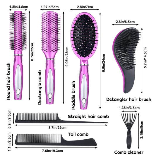 7 Pcs Hair Brush and Comb Set round Brush Paddle Brush Detangle Hair Brush and Combs Wet Dry Brush for Women Men Hair Styling(Purple 7)