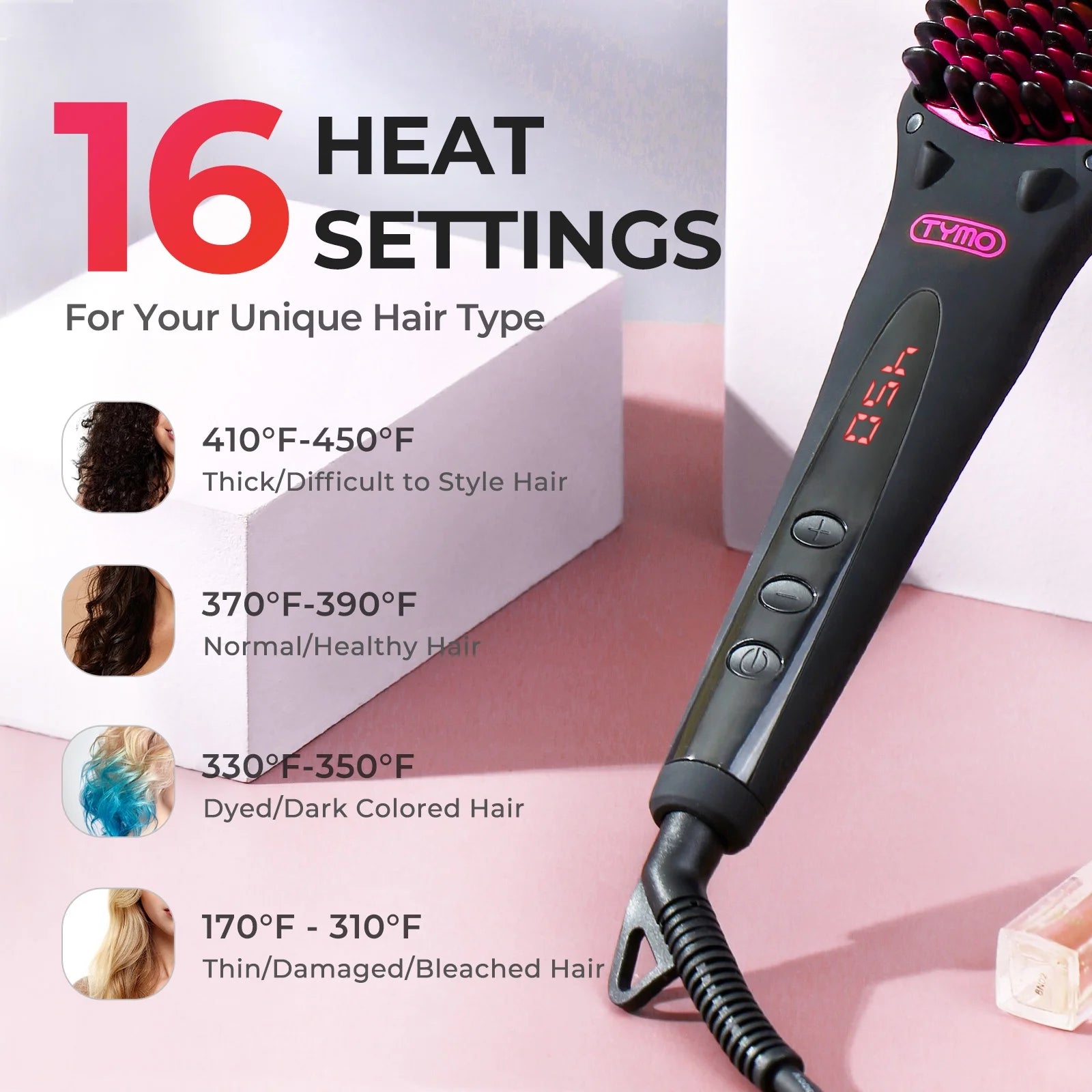 Ionic Hair Straightener Brush with 16 Temp Setting, LED Display Flat Iron Comb, Dual Voltage