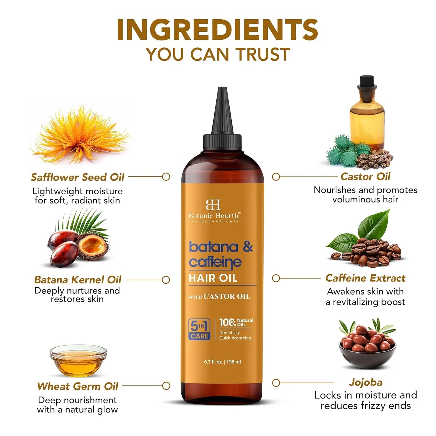 Batana & Caffeine Hair Oil (6.7 Fl Oz) | Revitalizing and Strengthening Hair Treatment for Fuller, Healthier-Looking Hair | Paraben Free | Suitable for All Hair Types