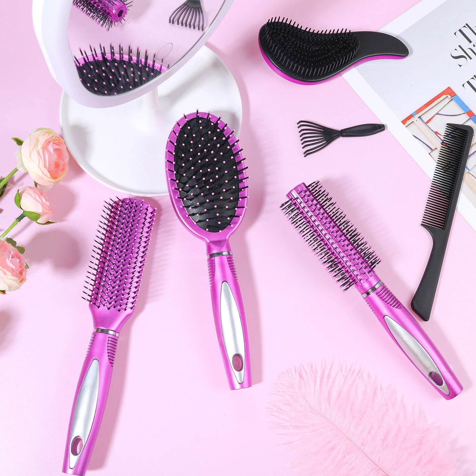 7 Pcs Hair Brush and Comb Set round Brush Paddle Brush Detangle Hair Brush and Combs Wet Dry Brush for Women Men Hair Styling(Purple 7)